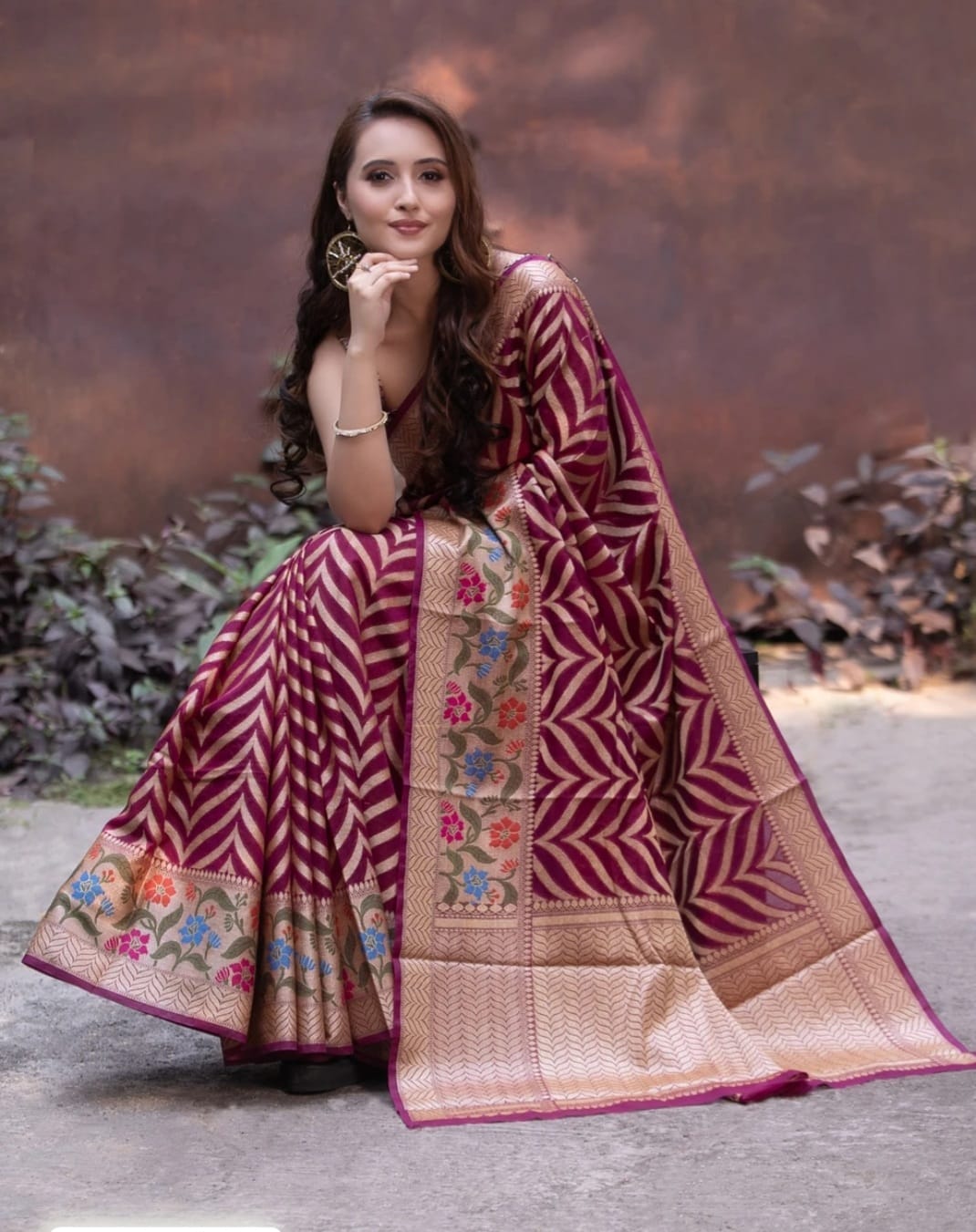 Leheriya Pattern Wine Color Banarasi Silk Saree
