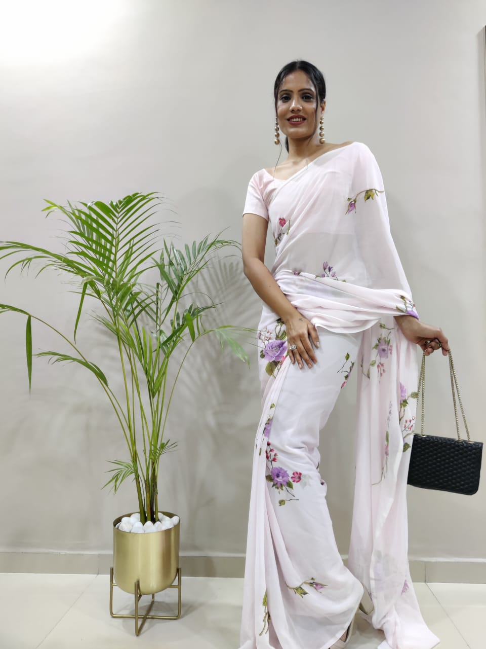 Digital Printed White Color Handwork Saree