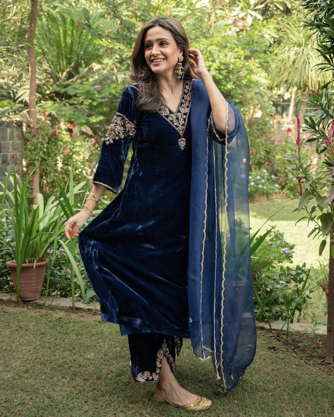 Charming Blue Color Embroidery Sequence Velvet Plazzo Suit