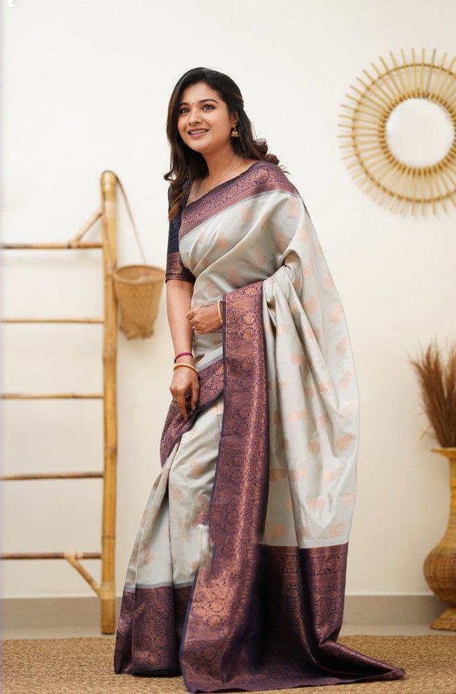 Fancy White Color Coper Jari Work Silk Saree