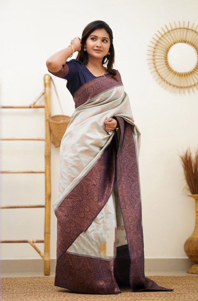 Fancy White Color Coper Jari Work Silk Saree