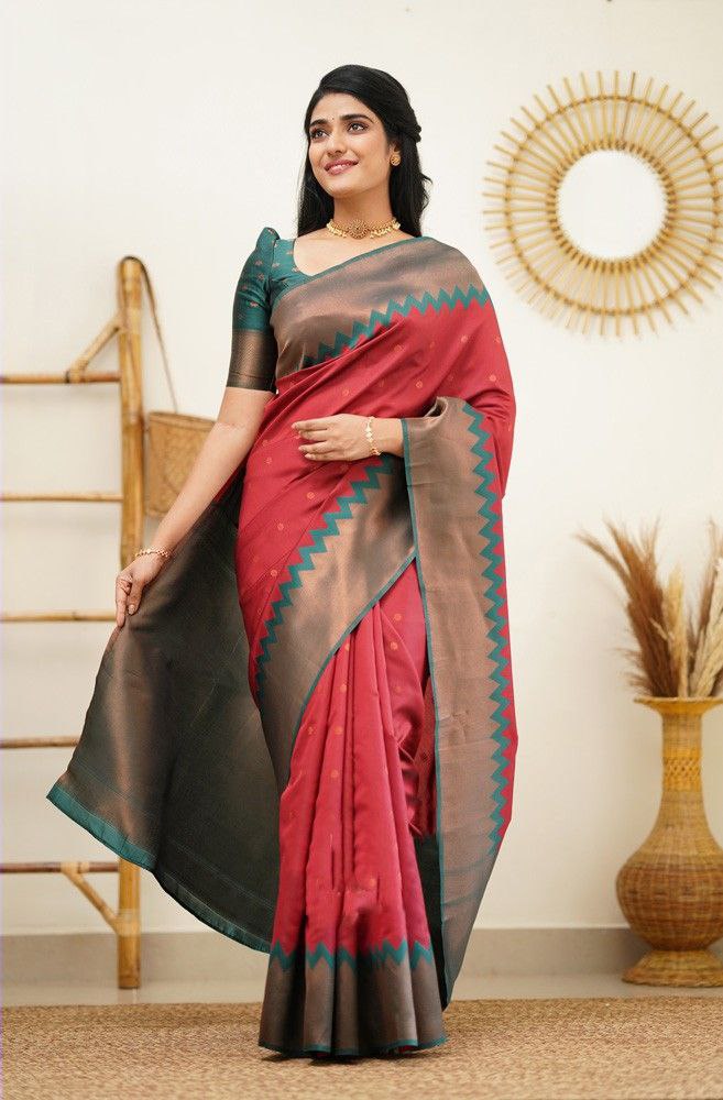 Red Color Coper Jari Design Jacquard Border Silk Saree