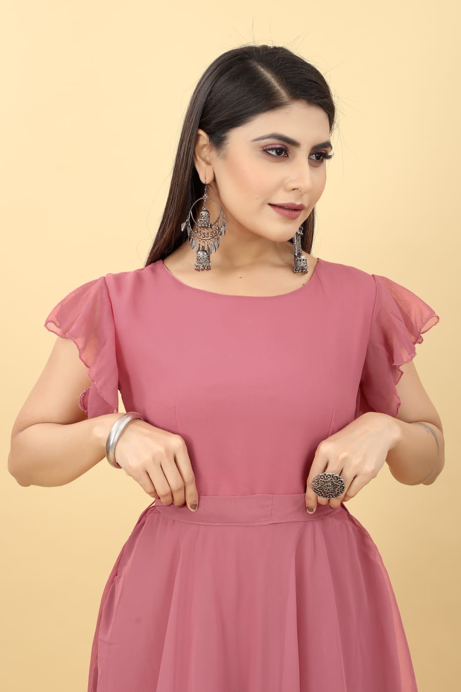 Umbrella Sleeve Peach Color Georgette Gown
