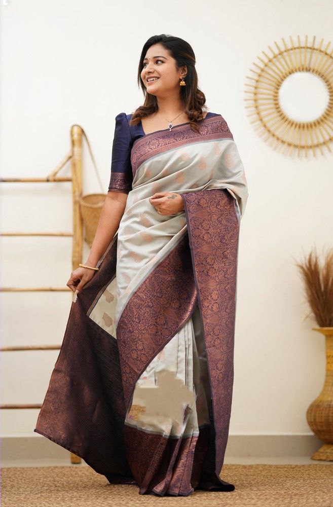 Fancy White Color Coper Jari Work Silk Saree