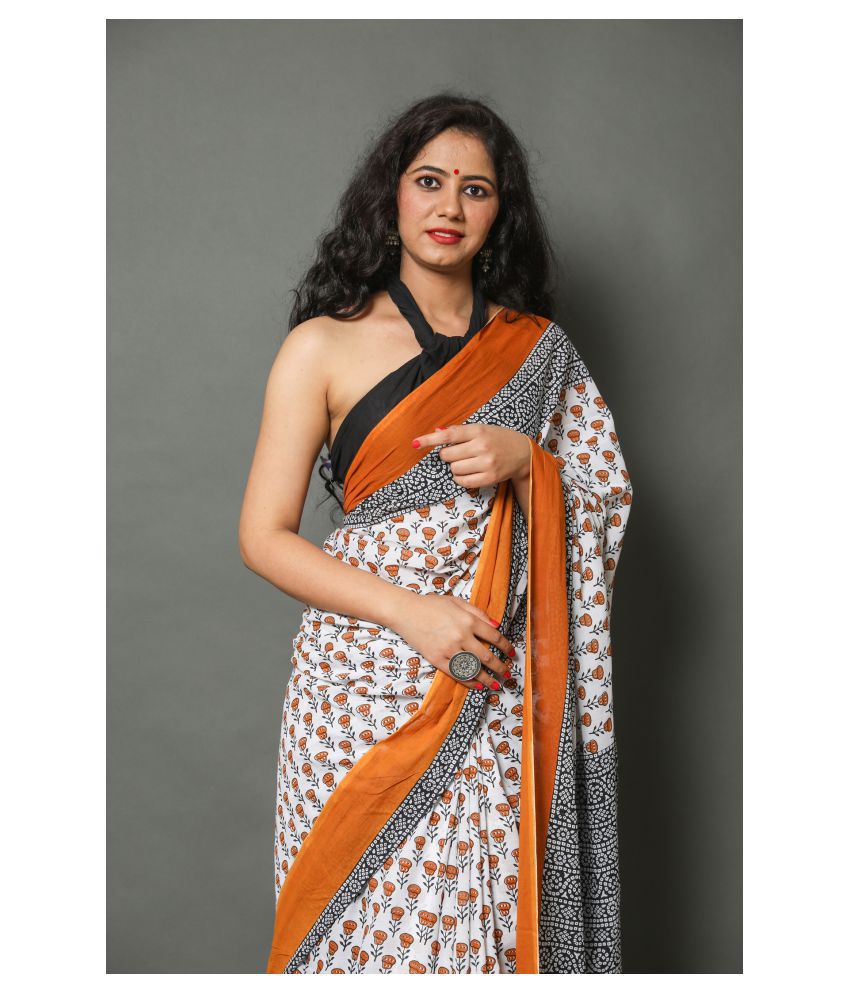 White With Orange Color Digital Printed Mulmul Cotton Saree