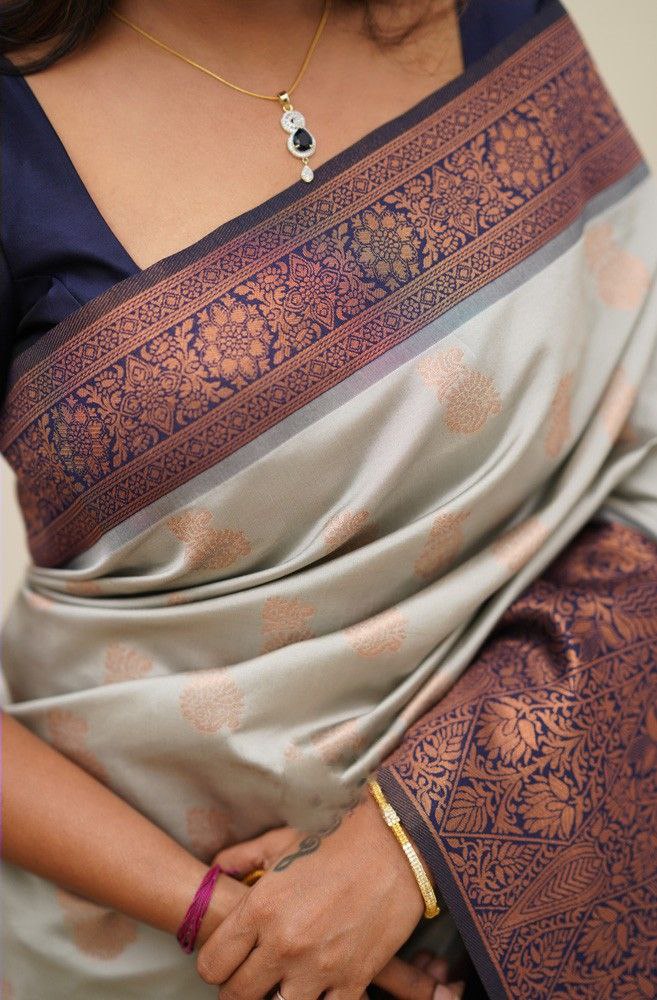 Fancy White Color Coper Jari Work Silk Saree