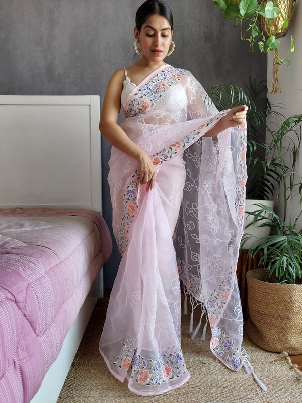 Pink Color Embroidery Work Organza Saree