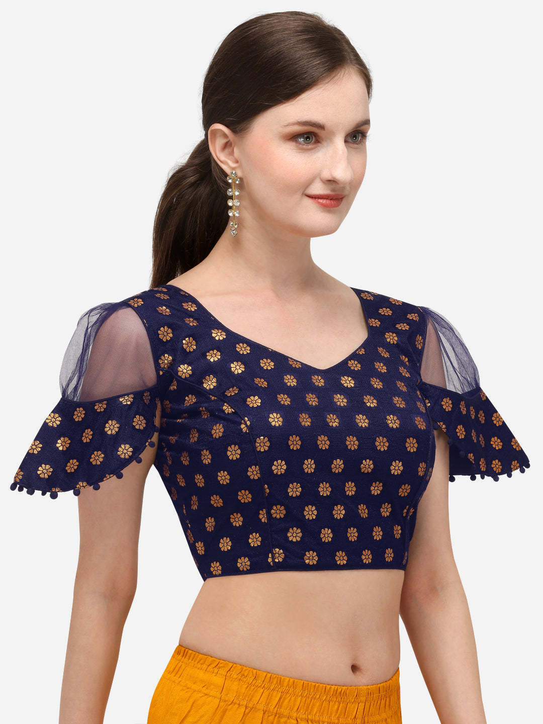 Classy Navy Blue Color Jacquard Fancy Sleeve Blouse