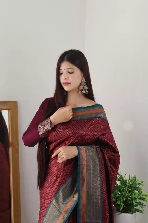Maroon And Aqua Green Color Coper Jari Design Soft Silk Saree