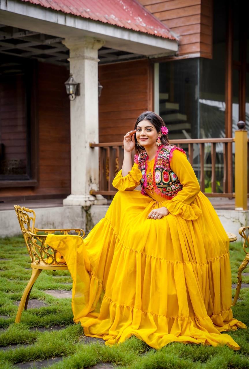 Pretty Mother Daughter Yellow Color Ruffle Gown With Koti