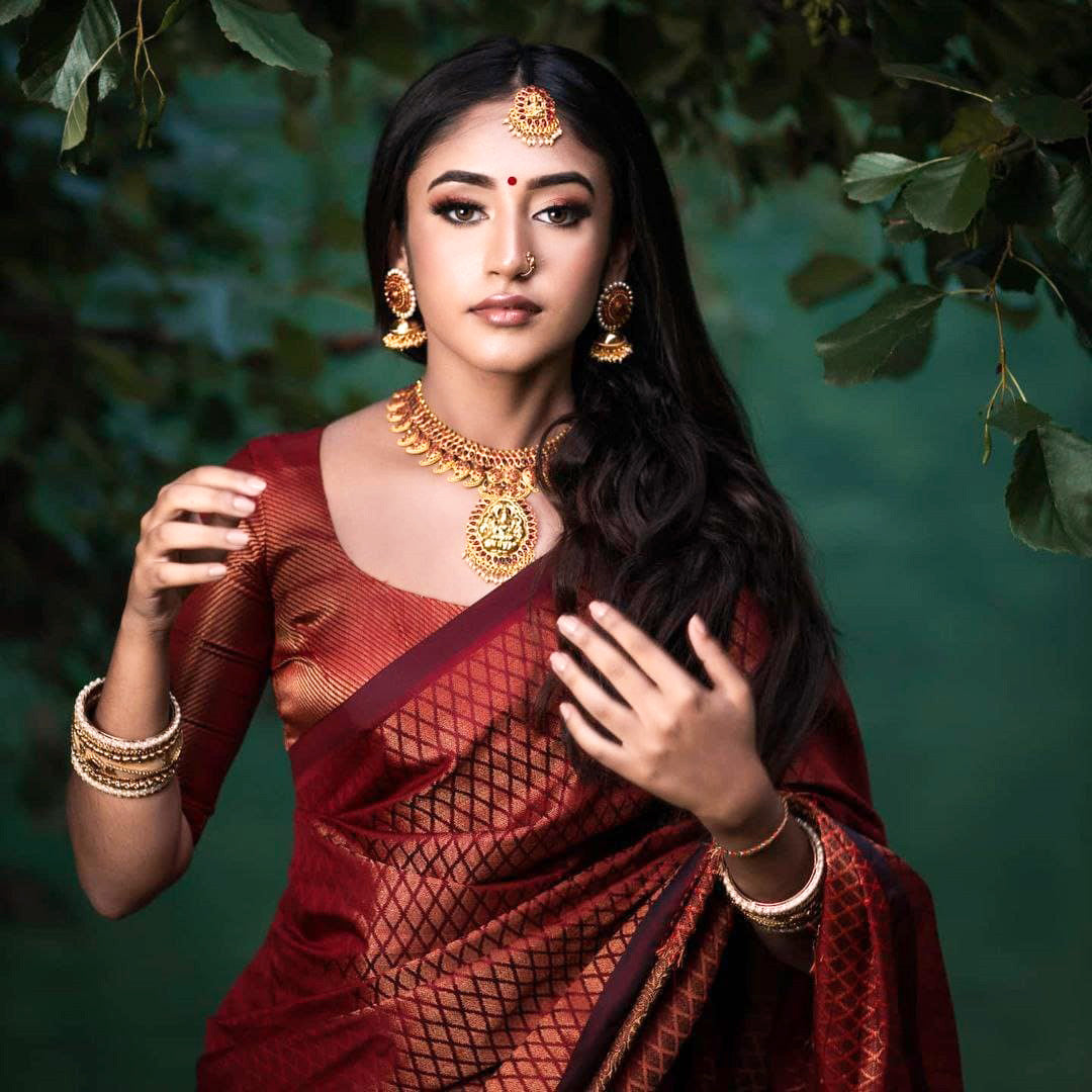 Traditional Look Maroon Color Coper Jari Design Silk Saree