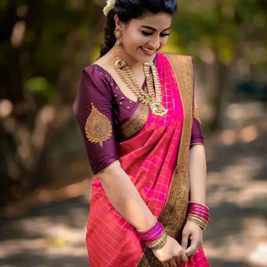 Pink With Wine Color Jacquard Border Soft Lichi Silk Party Wear Saree