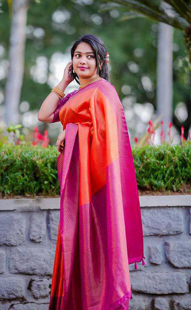 Orange With Pink Color Coper Jari Design Saree
