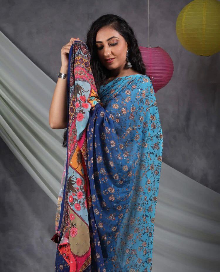 Stylish Multi Color Sequence Crochet Work Saree