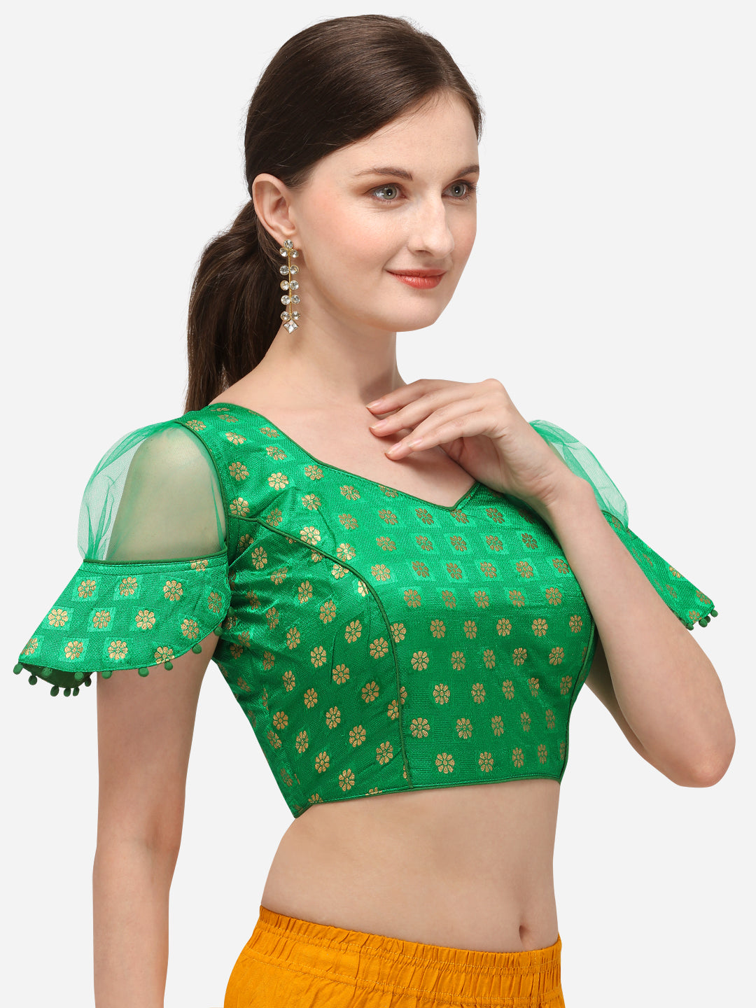 Classy Green Color Jacquard Fancy Sleeve Blouse