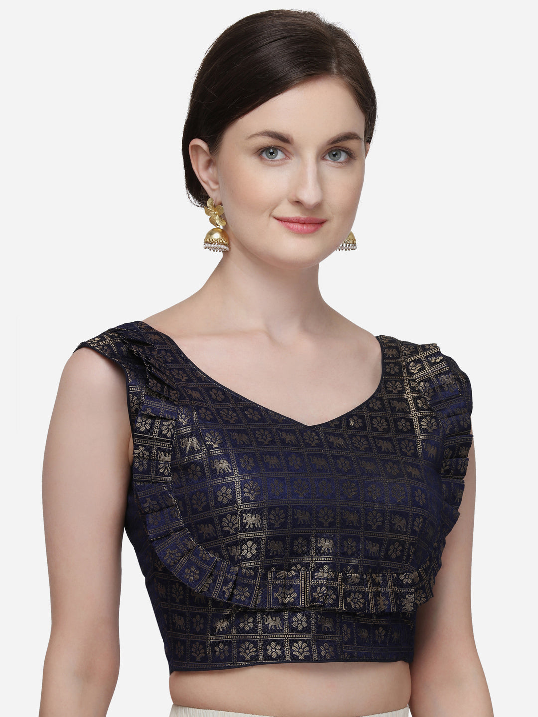 Navy Blue Color Jacquard Work Readymade Blouse