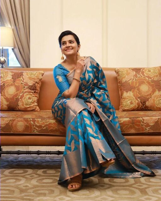 Designer Teal Blue Color Coper Jari Design Silk Saree