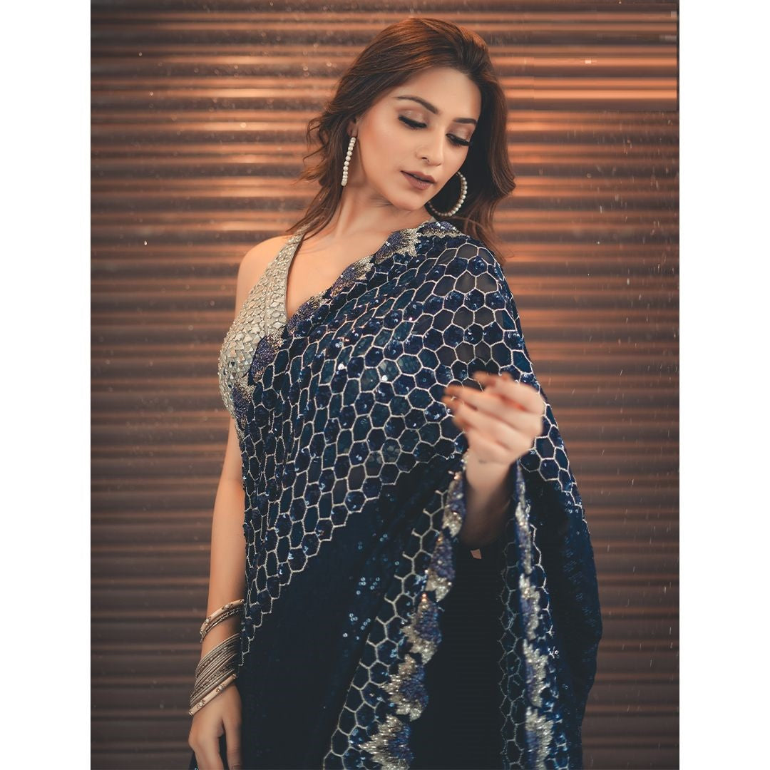 Awesome Navy Blue Color Sequin Zari Work Saree