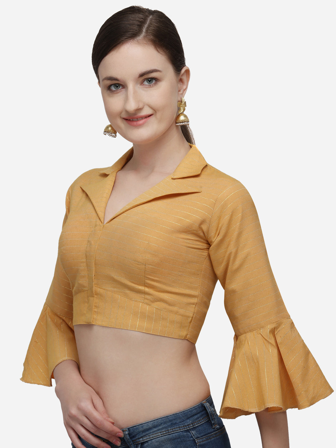 Bell Sleeve Yellow Color Printed Phantom Silk Blouse