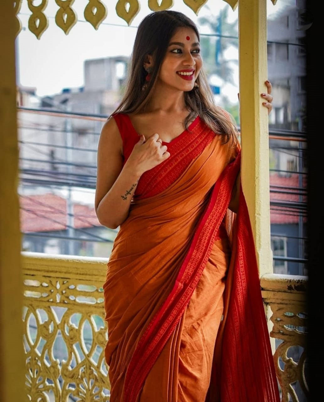 Beautiful Yellow And Red Cotton Silk Saree