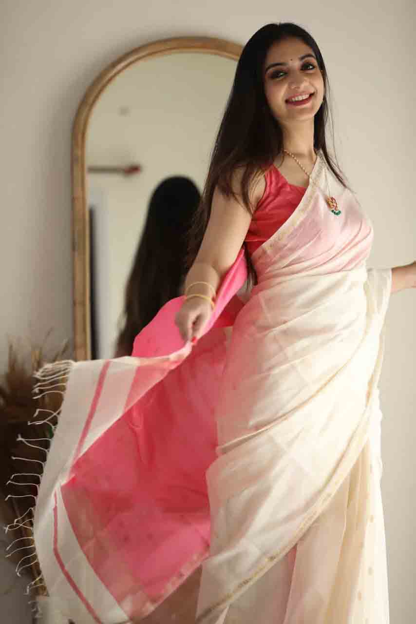 Linen Cotton Silk White Color Peaceful Saree