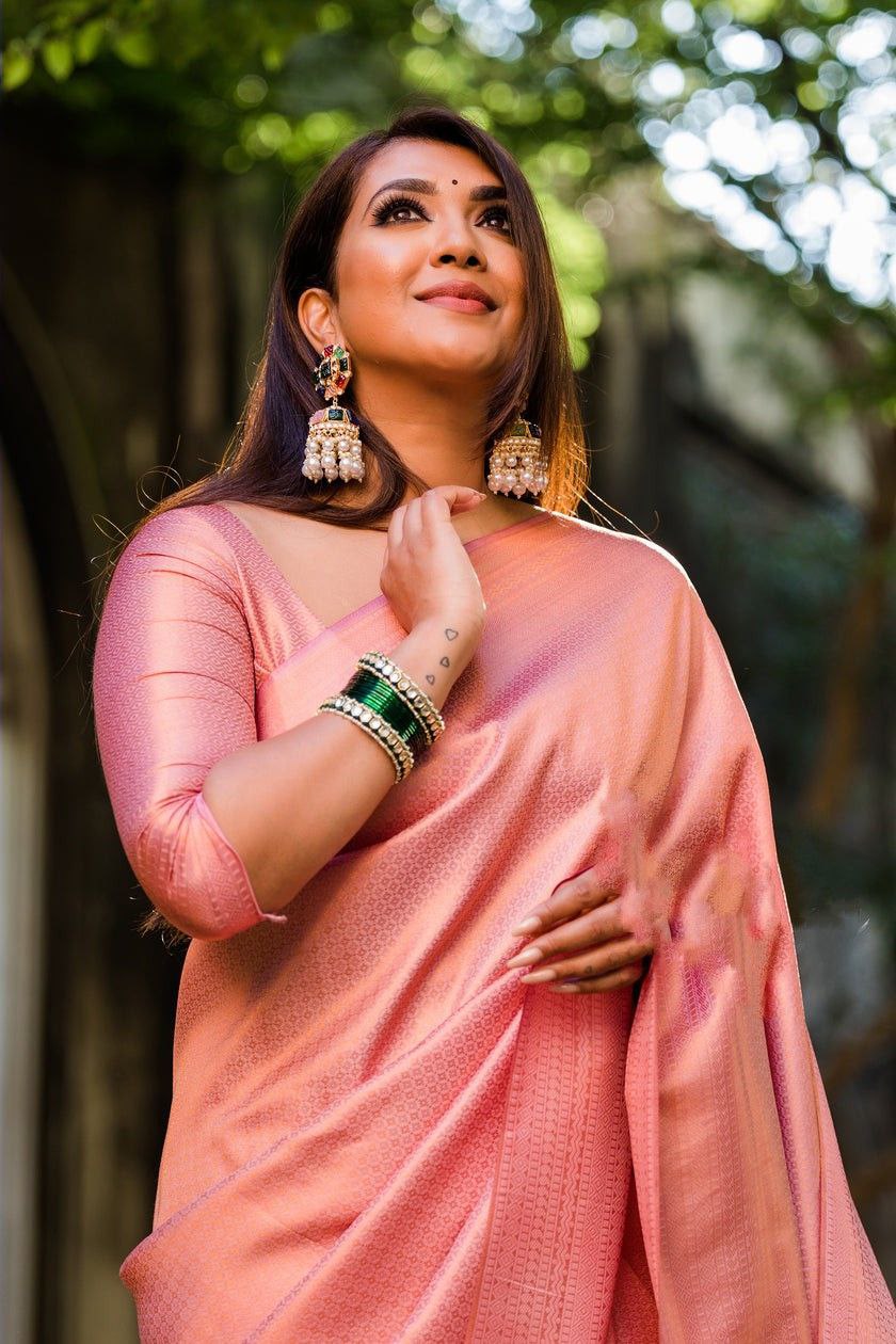 Stunning Peach Color Golden Jari Design Soft Lichi Silk Saree