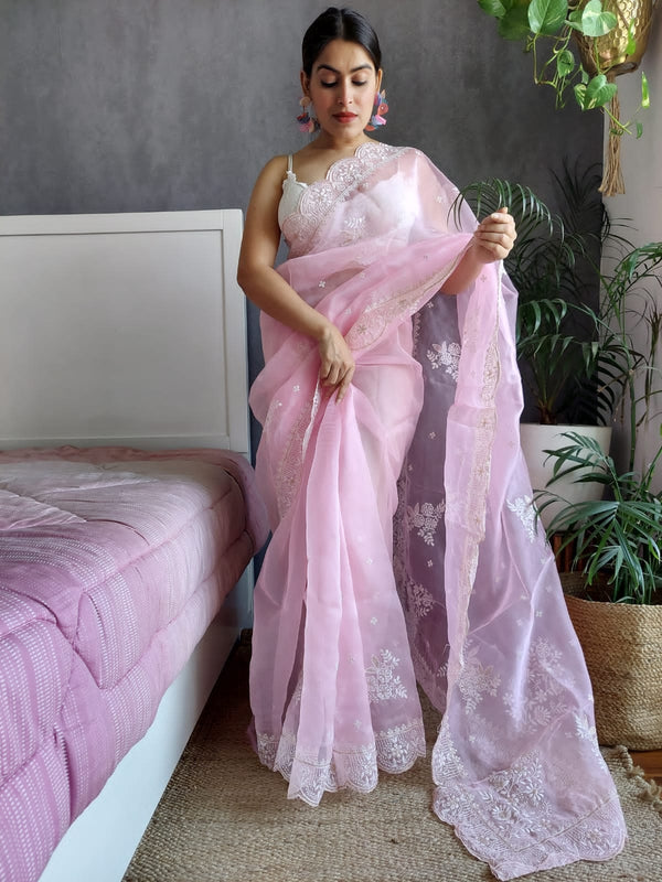 Designer Light Pink Color Sequence Thread Work Organza Silk Saree