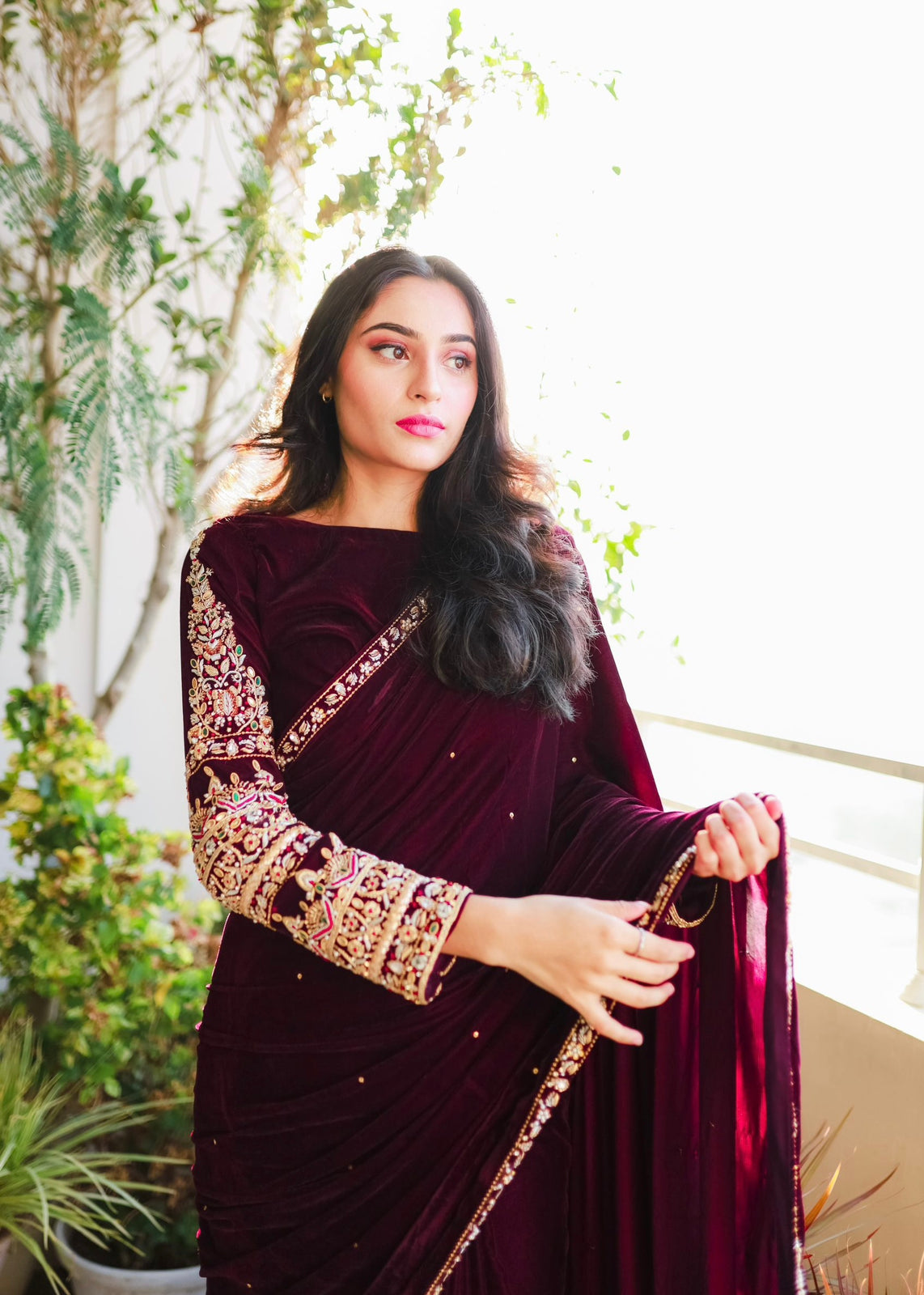 Wine Color Moti With Lace Work Velvet Saree