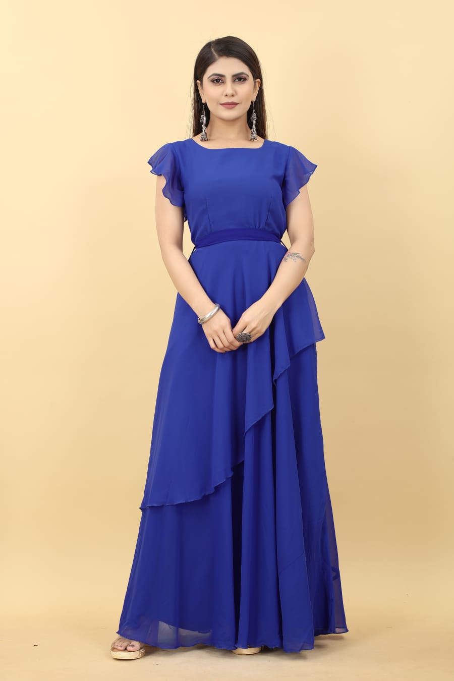 Umbrella Sleeve Blue Color Georgette Gown
