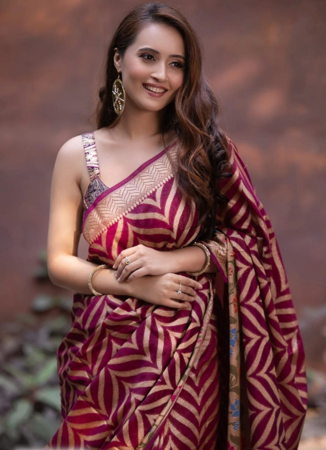 Leheriya Pattern Wine Color Banarasi Silk Saree