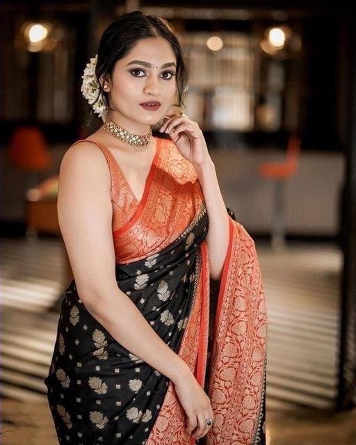 Fancy Black With Red  Color Soft Lichi Silk Party Wear Saree