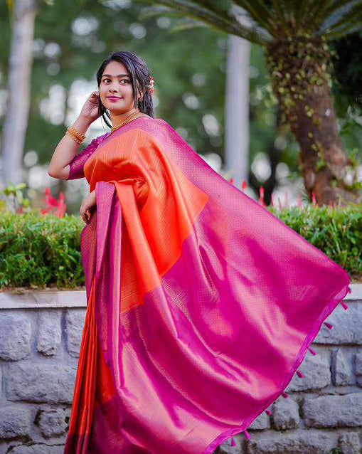 Orange With Pink Color Coper Jari Design Saree