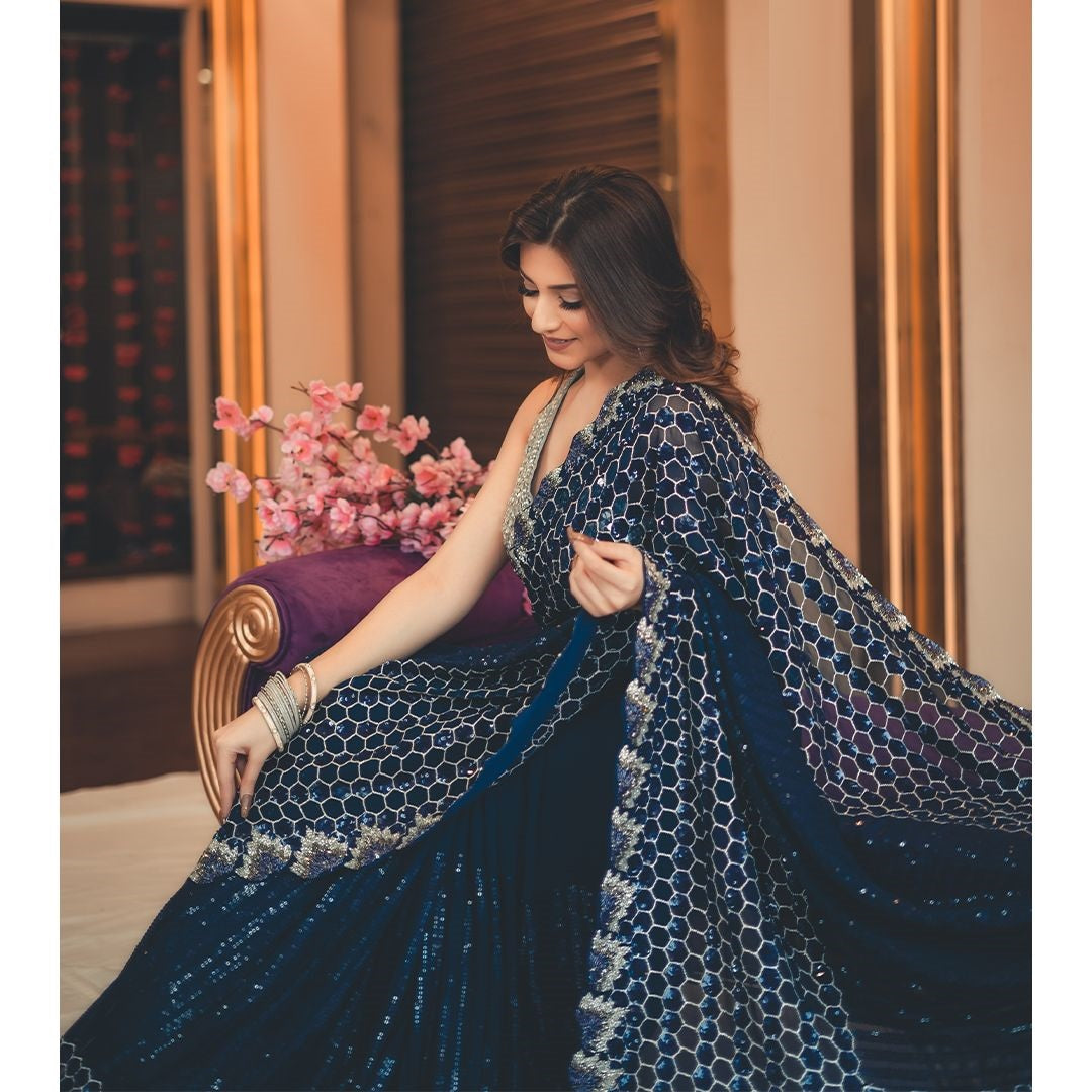 Awesome Navy Blue Color Sequin Zari Work Saree