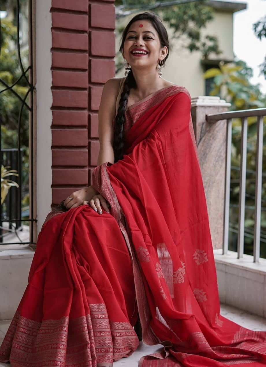 Fantastic Red Color Soft Cotton Silk Saree