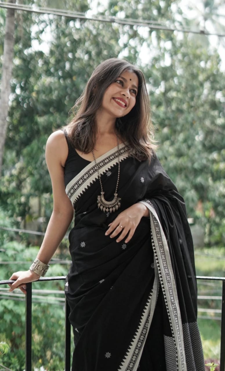 Party Wear Black Color Cotton Silk Saree