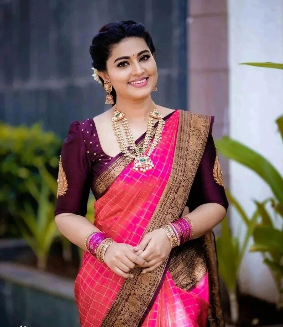Pink With Wine Color Jacquard Border Soft Lichi Silk Party Wear Saree