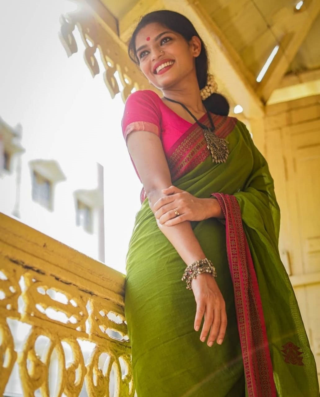 Stylish Green And Pink Color Cotton Silk Saree