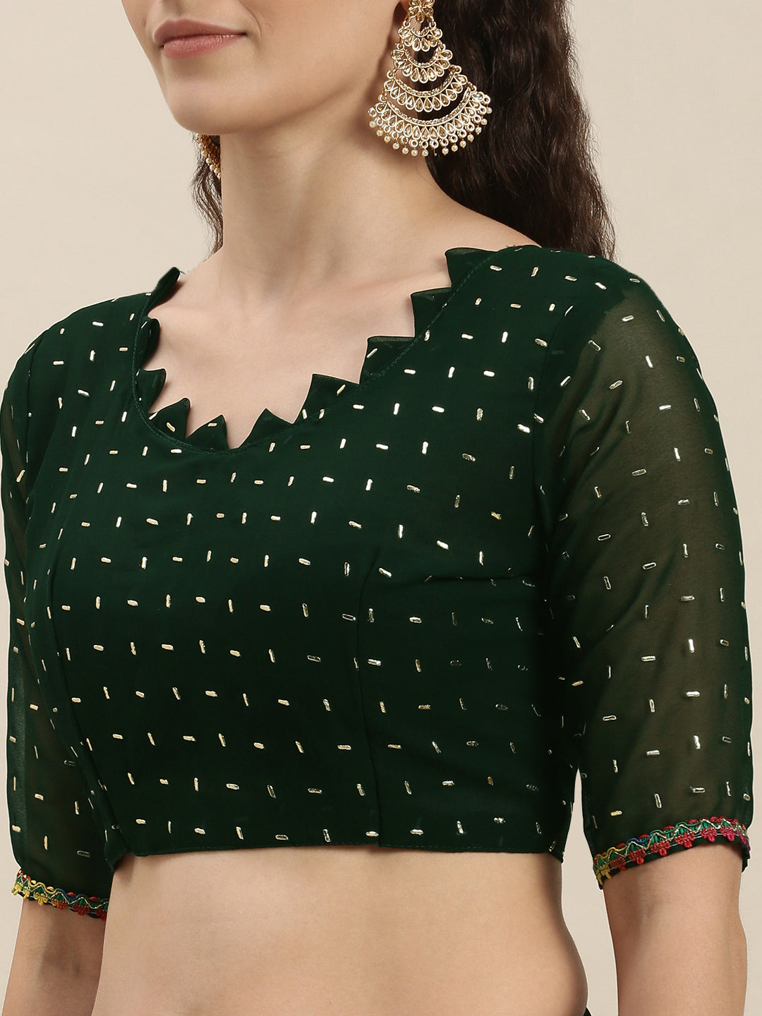 Green Color Silver-Toned Embroidered Saree