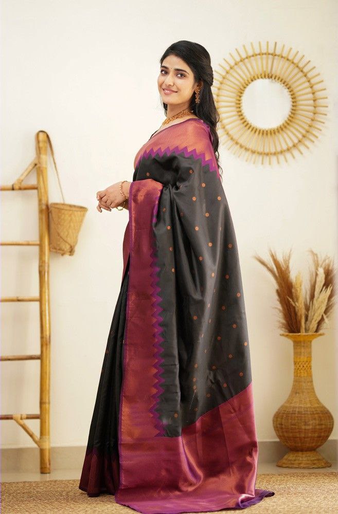 Black Color Coper Jari Design Jacquard Border Silk Saree