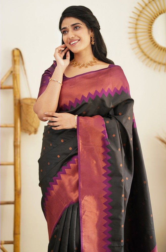 Black Color Coper Jari Design Jacquard Border Silk Saree