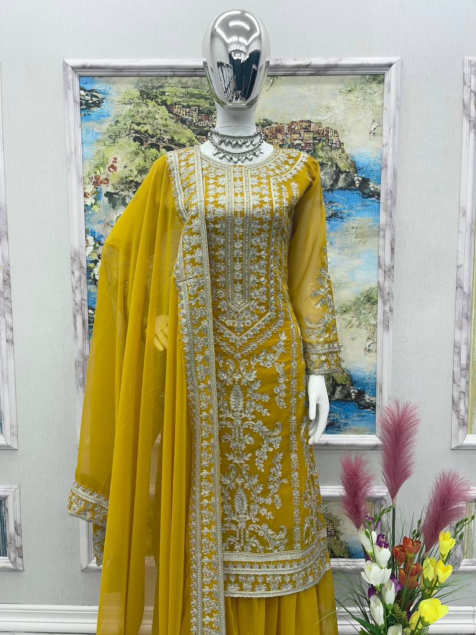 Stylish Yellow Color Embroidery Work Sharara Suit