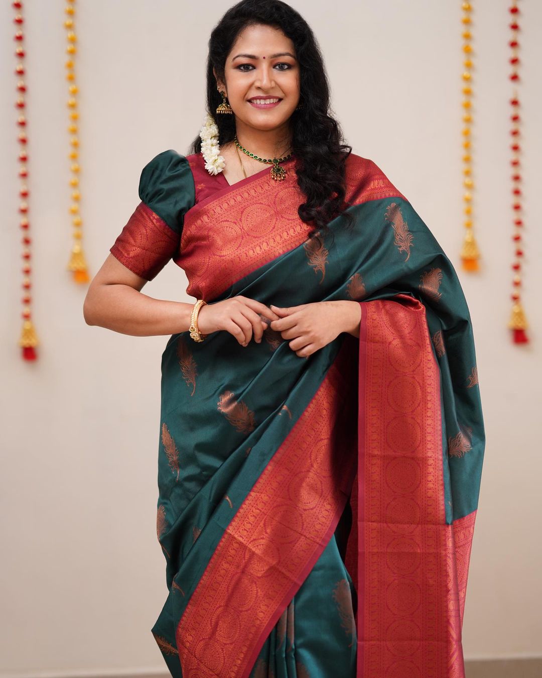 Beautiful Designer Green Color Coper Jari Design Soft Silk Saree