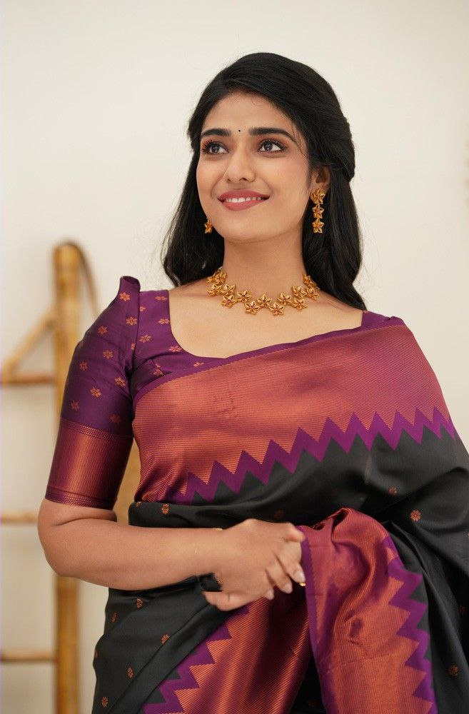 Black Color Coper Jari Design Jacquard Border Silk Saree
