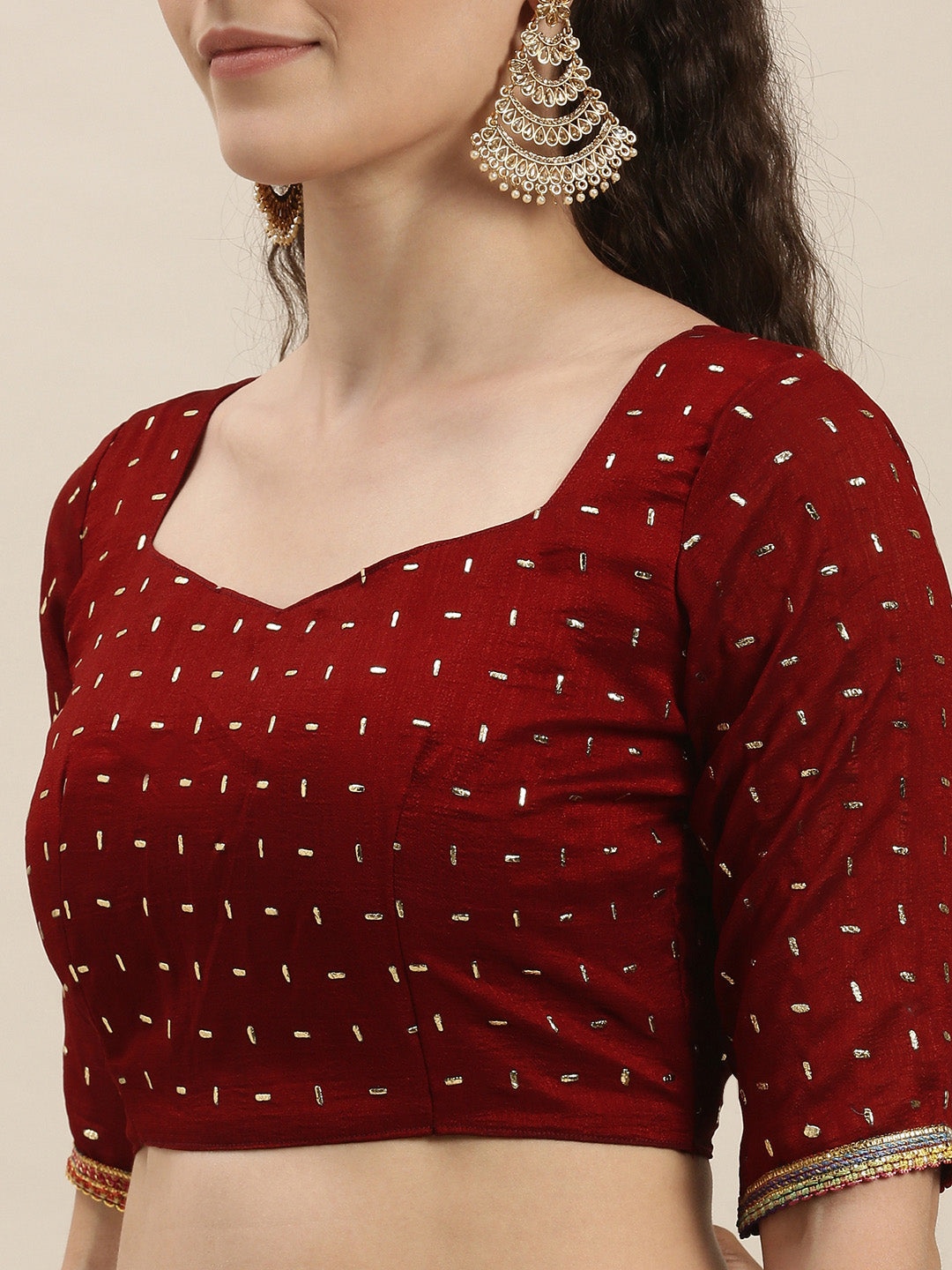 Elegant Red Color Beads and Stones Work Saree