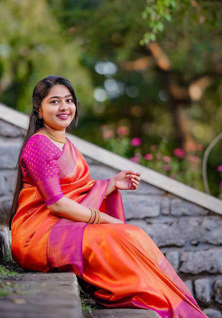 Orange With Pink Color Coper Jari Design Saree