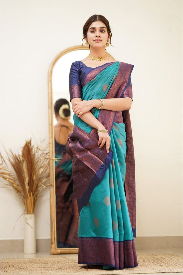 Designer Sky Blue Color Coper Jari Design Soft Silk Saree