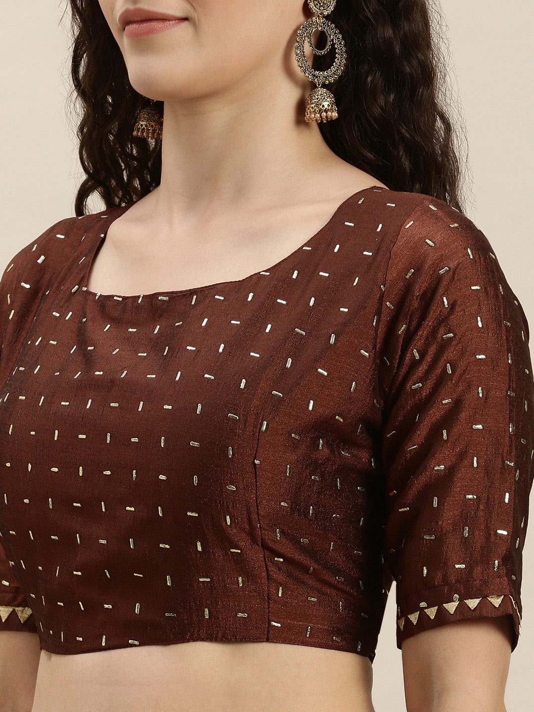 Brown Color Golden Stones Work Art Silk Saree