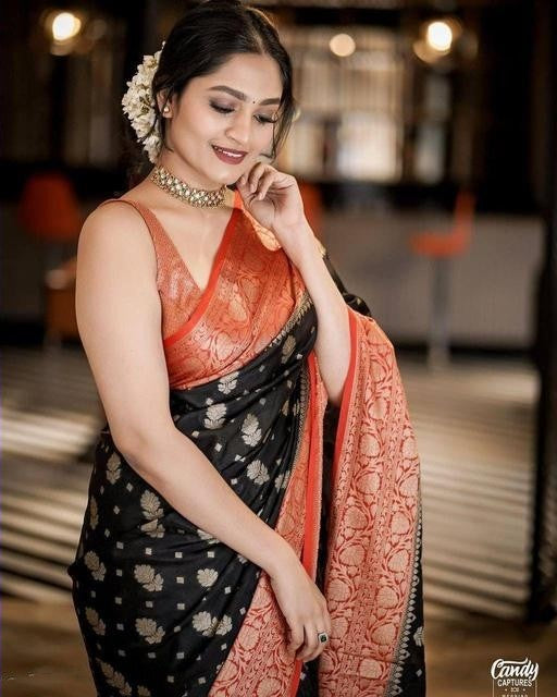 Fancy Black With Red  Color Soft Lichi Silk Party Wear Saree