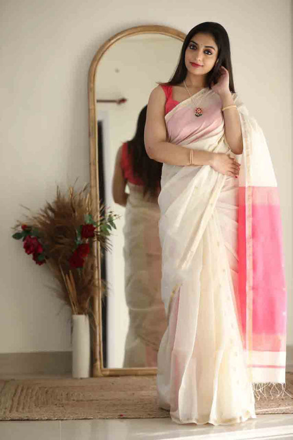 Linen Cotton Silk White Color Peaceful Saree