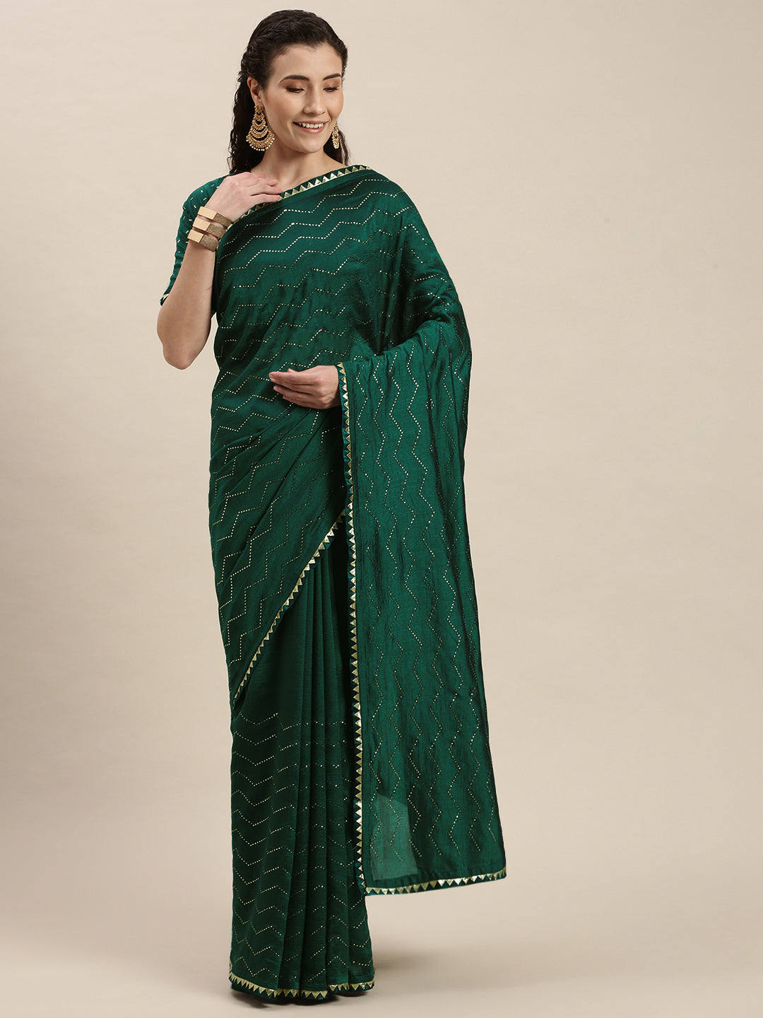 Dark Green Color Golden Stones Work Art Silk Saree